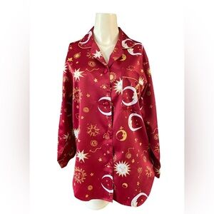 Vtg 90s Y2K 00s Celestial Pajama Top RED Gold Women’s Sun Moon Stars